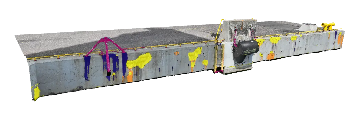 Quay wall with highlighted surface defects